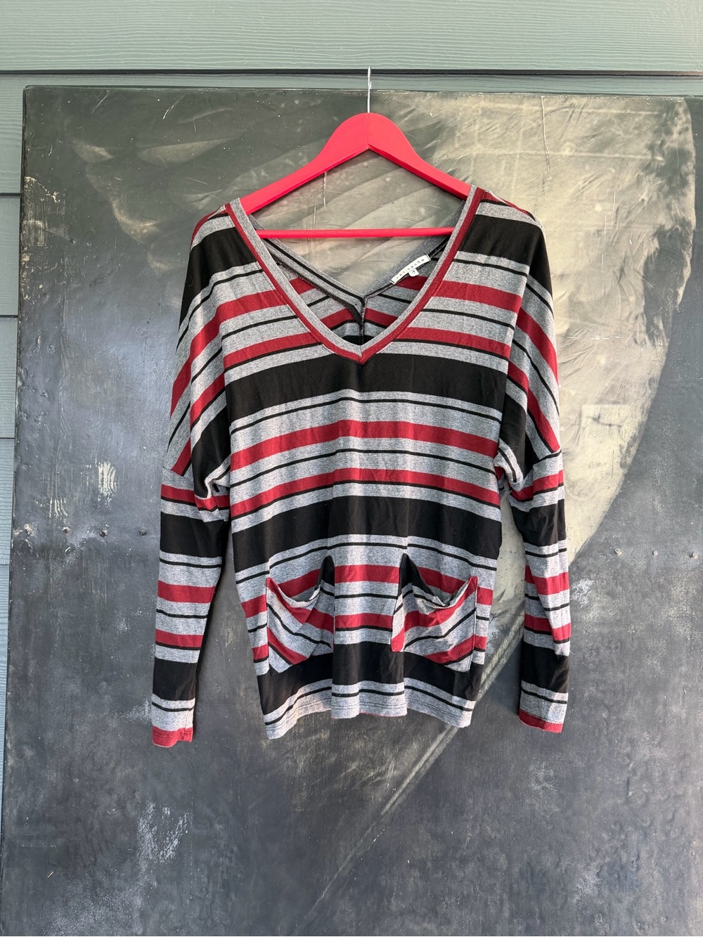 Striped V-Neck Long Sleeve Top in Black, Gray & Red sz XS but is a bit oversized